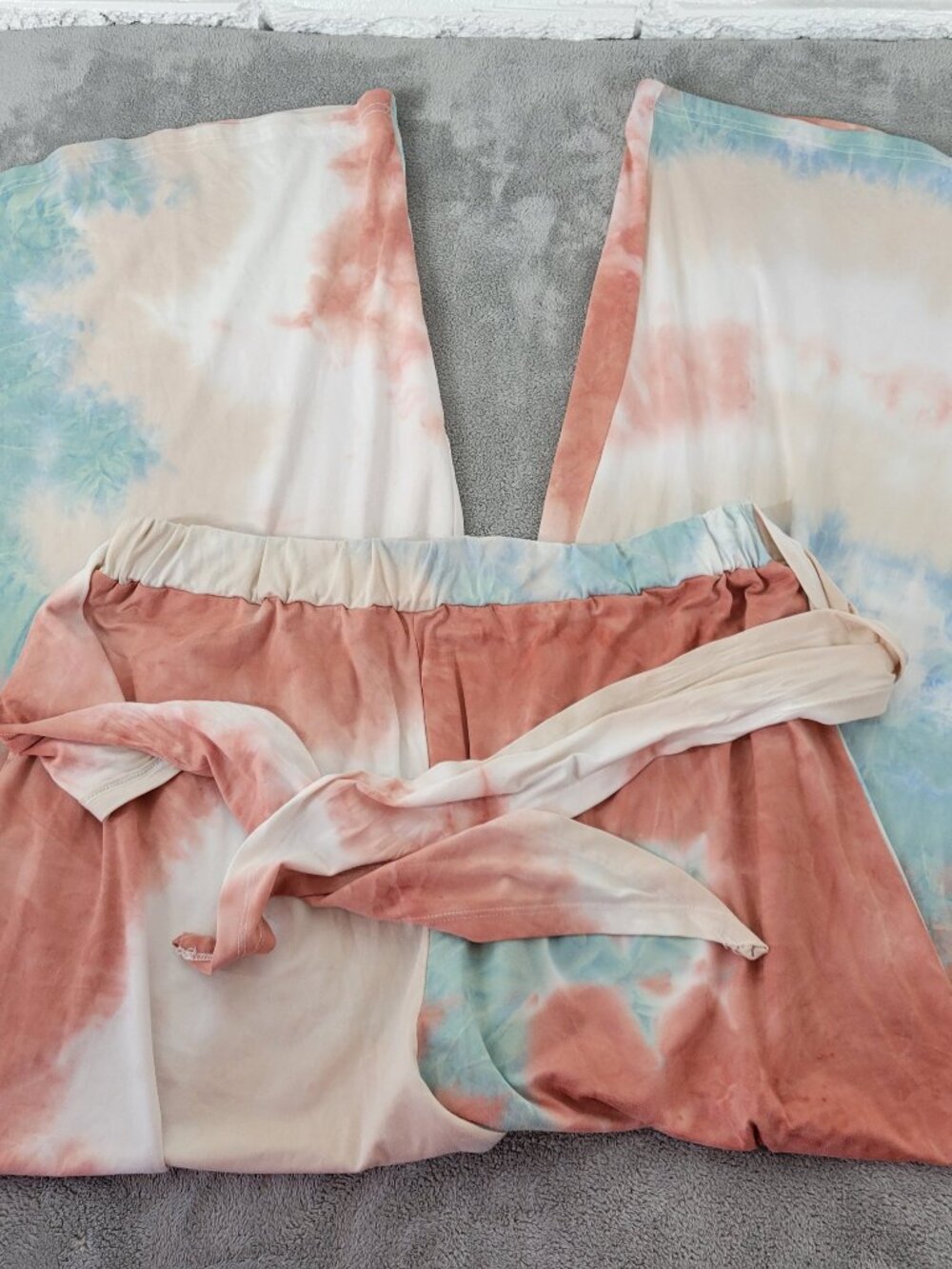 Emery Rose 1XL Wide Leg Palazzo Pants Brown Blue Tie Dye Belted TIE16XE
